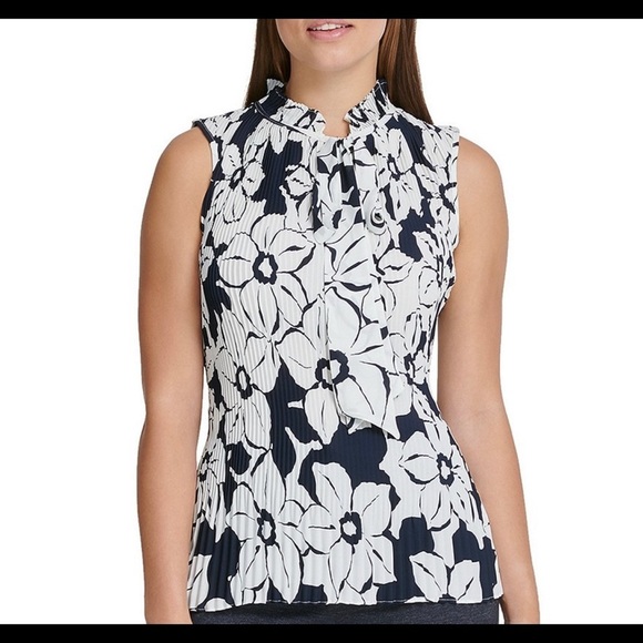 Dkny Tops - Floral Print Sleeveless Pleated Tie Neck Blouse